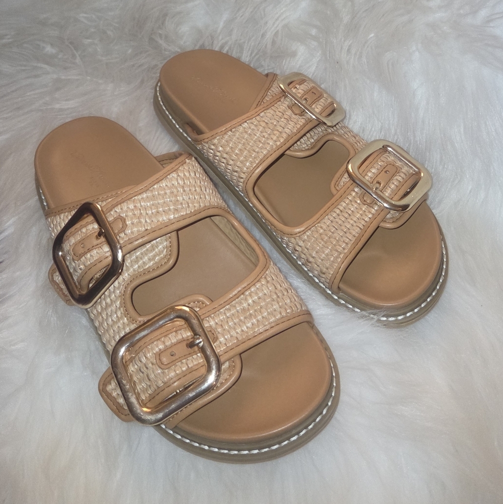 Universal Thread Boho Woven Raffia Buckle Slides | Natural & Cognac | Size 8.5 - Picture 2 of 8